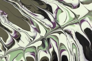 Home Dynamic swirls of green and purple acrylic paint create an abstract, marbled effect.